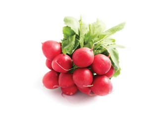 A bunch colorful delicious radishes on white background. Photo depicting fresh radish with green leaves isolated on a white, with natural shade.