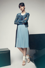 Model in a stylish skirt and jacket 