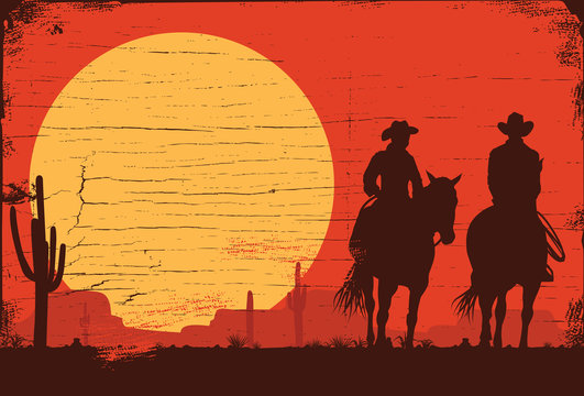Silhouette of Cowboy Couple riding horses on a wooden sign, vector