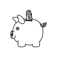black silhouette of moneybox in shape of pig with dollar bill vector illustration