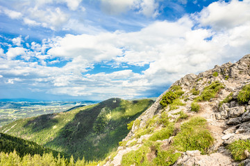 Fototapeta na wymiar Panorama of mountain valley, view of Zakopane from the top of rocks, Tatra Mountains, Poland