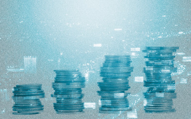 Double exposure rows of coins with city background, Finance and banking concept