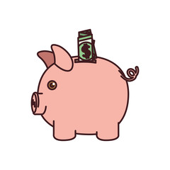 colorful silhouette of moneybox in shape of pig with dollar bill and black contour vector illustration