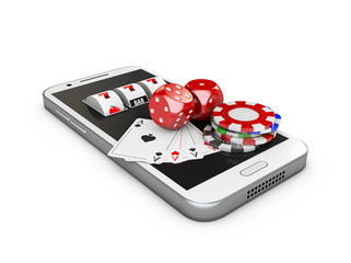Mobile phone and slot machine with play card, dice and chips, Online casino concept. 3d Illustration