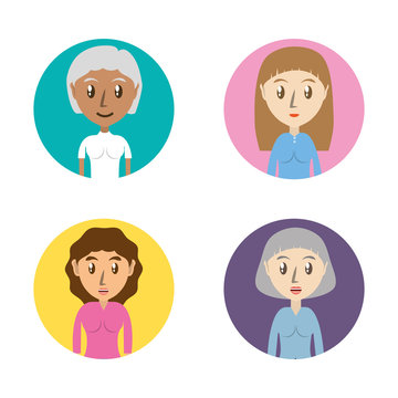 set avatars women of different diversity inside colors circles over white background, vector illustration