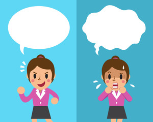 Cartoon businesswoman expressing different emotions with white speech bubbles