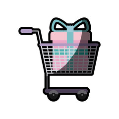 silhouette color with shopping cart purple and gift box with half shadow vector illustration