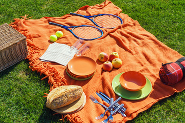 Picnic items on a green, well-groomed lawn