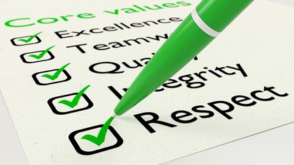Checklist with core values and a green pen ticking each item