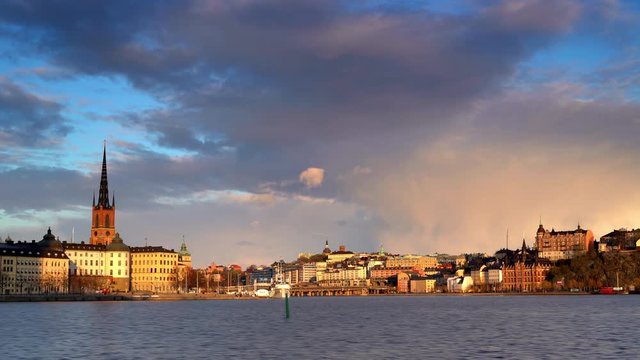 Riddarholmen and Sodermalm (in the background) in central Stockholm at sunset.