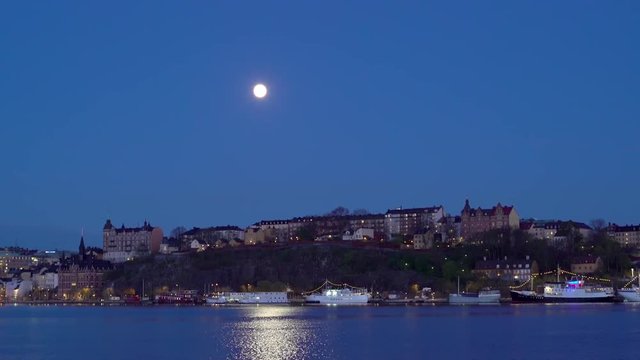 Panning clip of Sodermalm (southern part of Stockholm City) at night. 