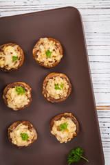 Stuffed Mushrooms with Breadcrumbs and Cheese. Selective focus.