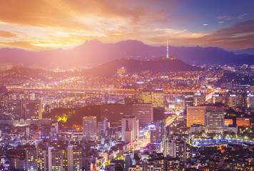 Seoul city Beautiful night of Korea with Seoul Tower after sunset