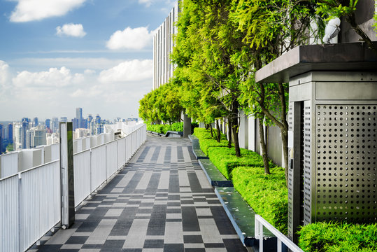 Rooftop garden in Singapore. Outside terrace with scenic park