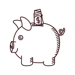 monochrome silhouette of moneybox in shape of pig with dollar bill vector illustration