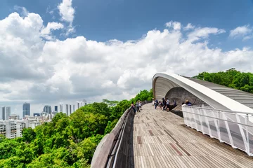 Rolgordijnen Bridge imitating wave. Wooden walkway leading to park. Singapore © efired