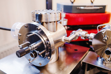 Metallic modern Pipe nodes connections at the factory, industrial equipment concept