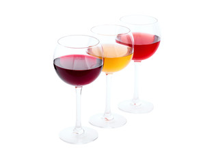 Red, white and rose wine glasses up on white isolated