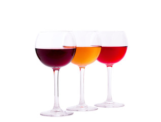 Red, white and rose wine glasses up on white isolated
