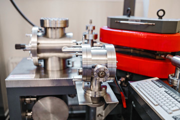 Metallic modern Pipe nodes connections at the factory, industrial equipment concept