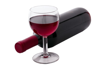 Red Wine bottle and glass on white background. Unusually top view.