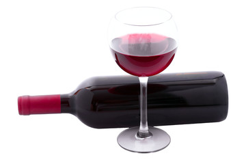 Red Wine bottle and glass on white background