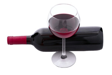 Red Wine bottle and glass on white background