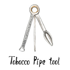 A typical pipe tool unfolded, showing from left to right tamper, pick and reame, isolated hand painted watercolor illustration with handwritten inscription