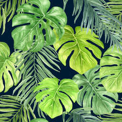 Fototapety  Akwarela liści palmowych powtarzający się wzór, ręcznie rysowane kolorowy tropikalny botaniczny bezszwowe tło ilustracja na ciemnym niebieskim tle.