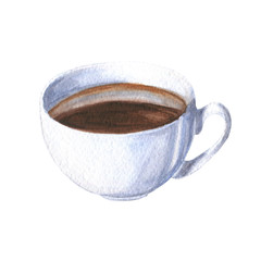Hand drawn watercolor cup of black coffee, isolated on white background.