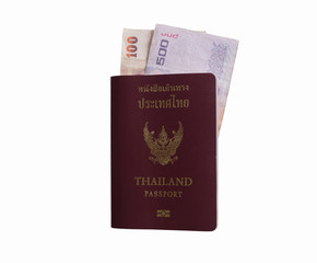 Isolated passport with money inside on white background, Travel concept.