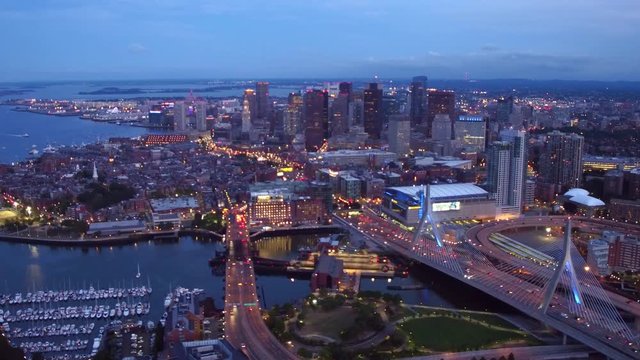 Aerial view of Boston, Massachusetts at dusk