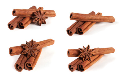 three cinnamon sticks with star anise isolated on white background. Collection or set