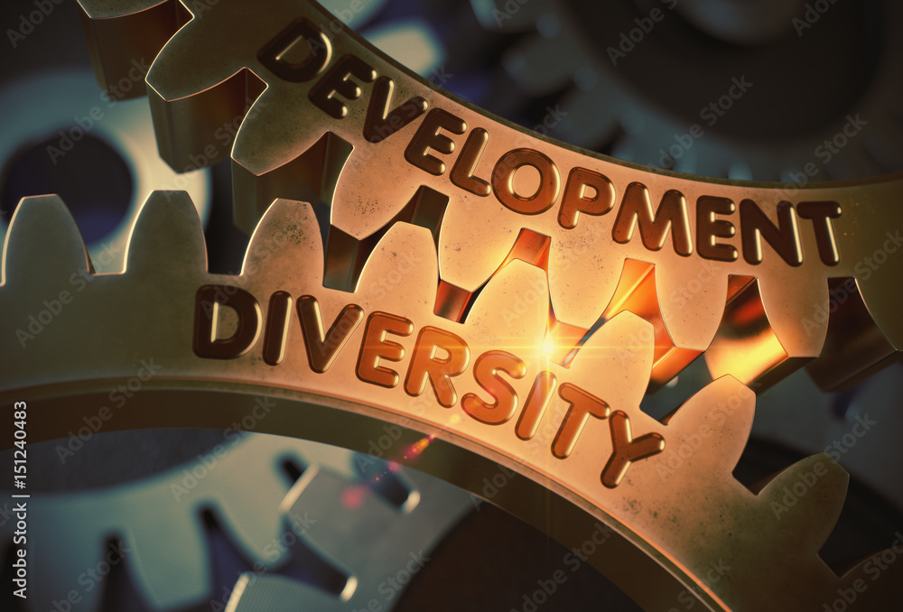 Poster development diversityon the golden cog gears. development diversity - technical design. 3d rendering