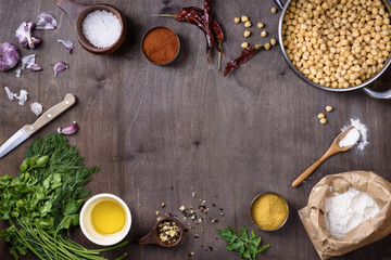 Ingredients for cooking healthy vegetarian meal. Spices, herbs and chickpea
