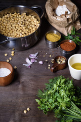 Chickpeas with ingredients for cooking falafel,