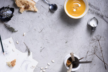 Sweet and spicy roasted kabocha squash soup with herbs.