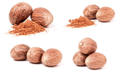 four nutmeg and powder isolated on white background. Set or collection