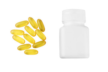 Yellow capsules omega 3, fatty acid, fish oil and bottle, container isolated on white background, top view