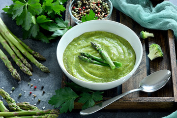 Asparagus cream soup, with broccoli and asparagus, vegan, vegetarian eating, dieting, healthy food