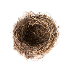 Bird nest isolated on white, top view.  Empty nest of common blackbird