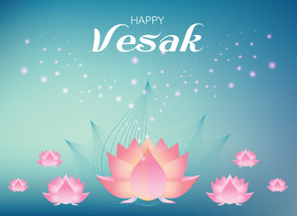 Pink lotus flower on blue and green guardian color background. Vector illustration for Vesak day on white background