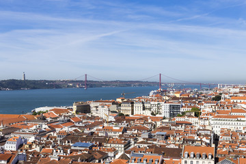 Obraz premium Panoramic view of beautiful Lisbon. Portugal. Blue sky. Holidays and travelling. Sunny weather.