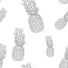 Pineapples. Hand drawn outline sketch as seamless background