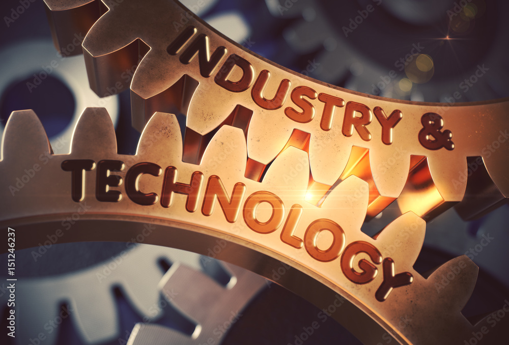 Poster industry and technology on the mechanism of golden metallic cog gears with lens flare. industry and 