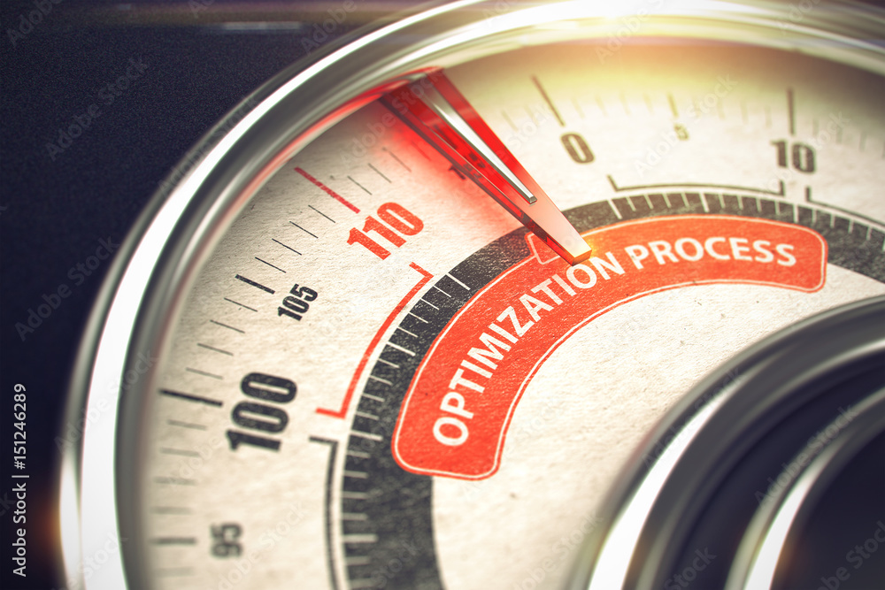 Poster shiny metal scale with red punchline reach the optimization process. illustration with depth of fiel