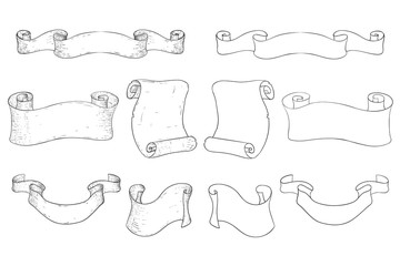 Parchment scrolls and ribbon banners. Hand drawn sketch