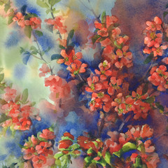 blooming quince still-life watercolor