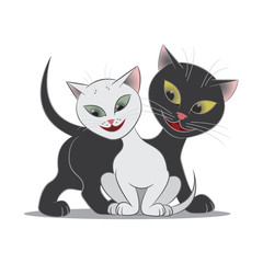Vector illustration depicting white cat and black cat on a white background