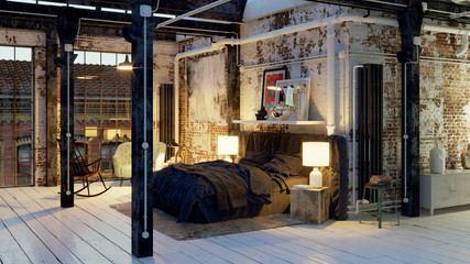Bett in altem Loft apartment - sleeping area in old Loft vintage industrial apartment - obrazy, fototapety, plakaty